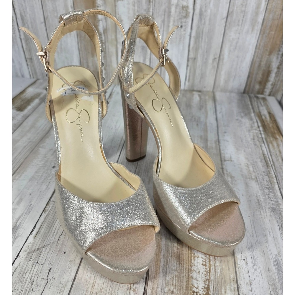 Jessica Simpson Champagne Gold Metallic Rhinestone Platform Block Heels Mens 9M